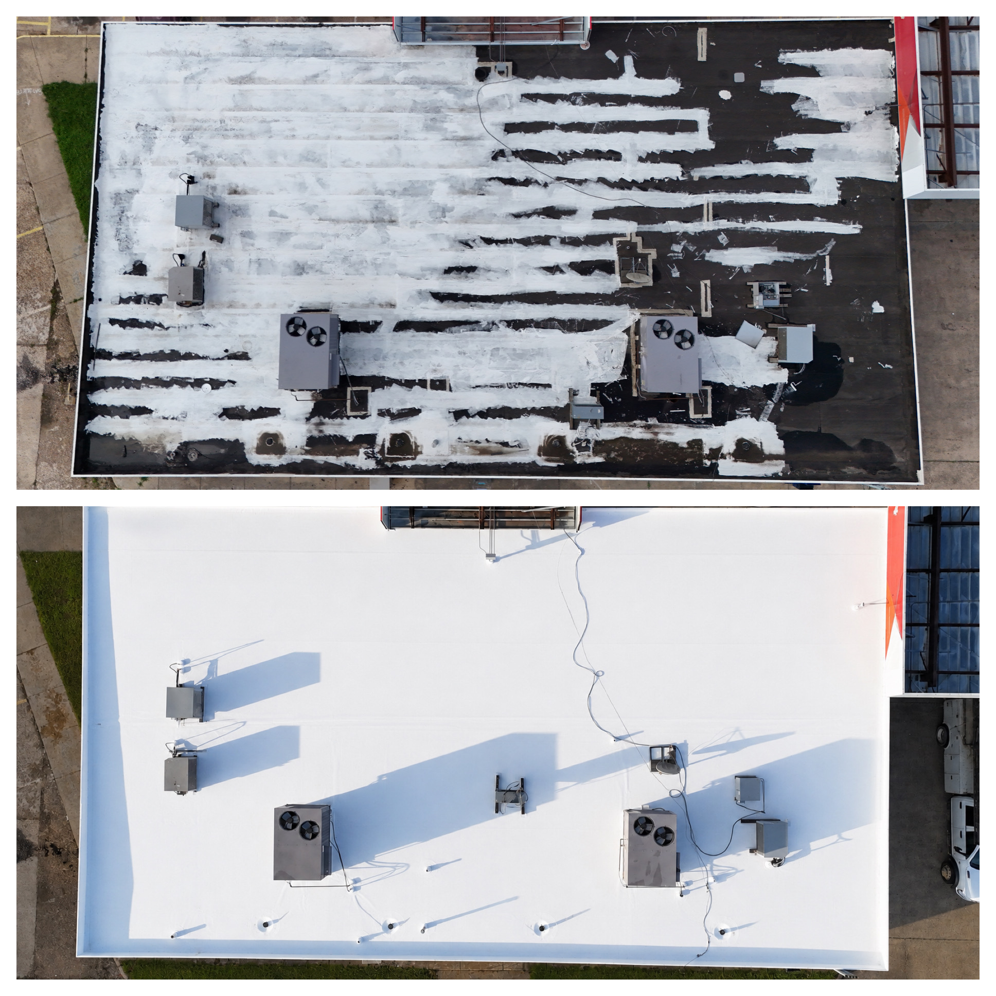 Before and after aerial comparison of commercial TPO roof replacement by Delta Roofing & Restoration.